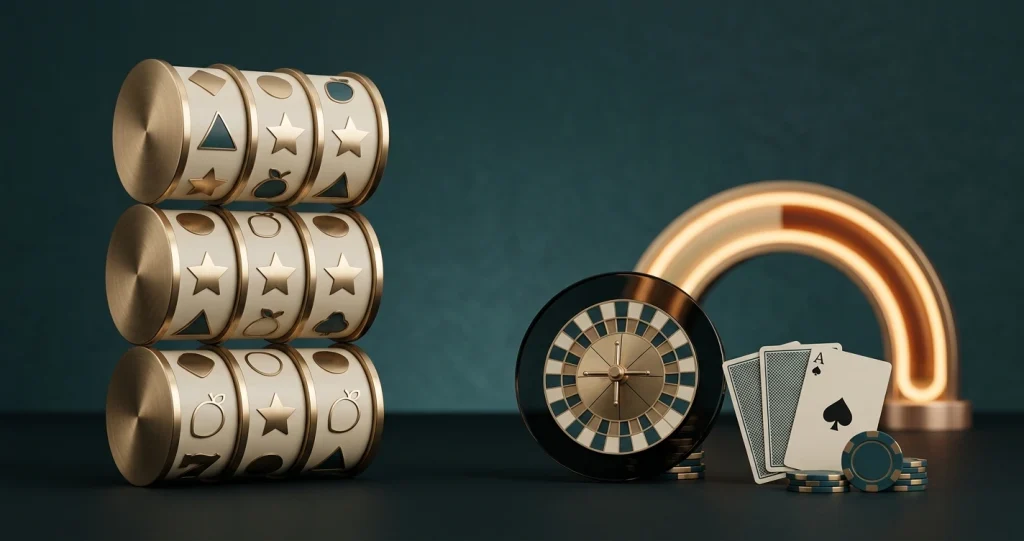 Editorial illustration of slot reels, table-game symbols and a jackpot meter without real casino branding