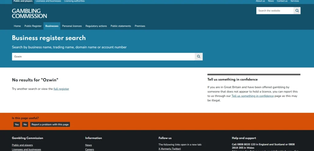 saved image target of the Gambling Commission business register search used for the Ozwin licence check