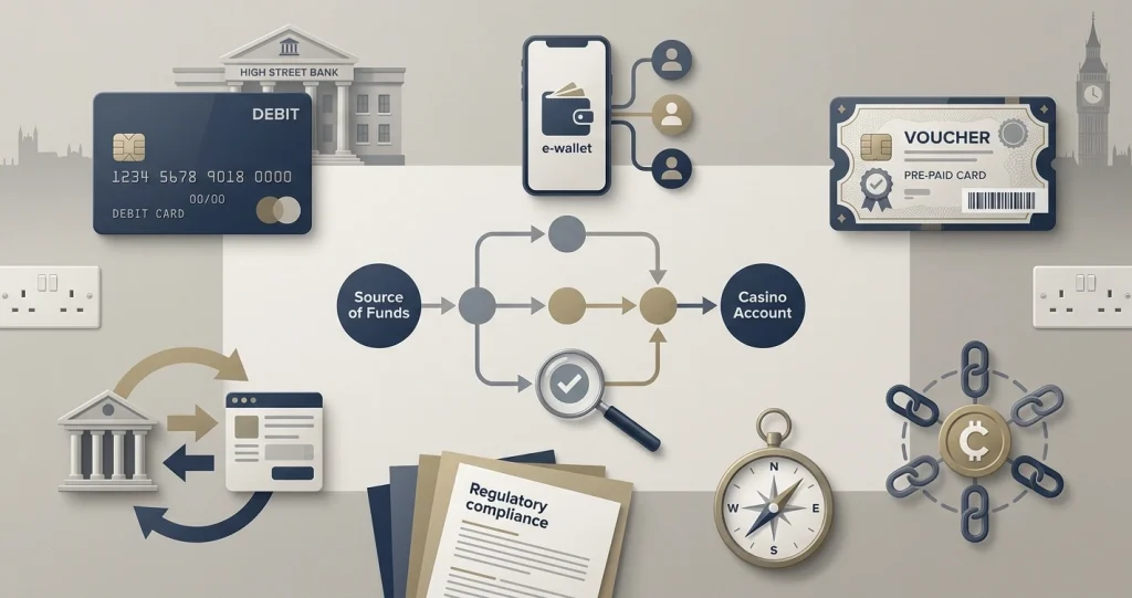 Editorial illustration of debit card, wallet, voucher, bank and crypto payment symbols without real brand logos