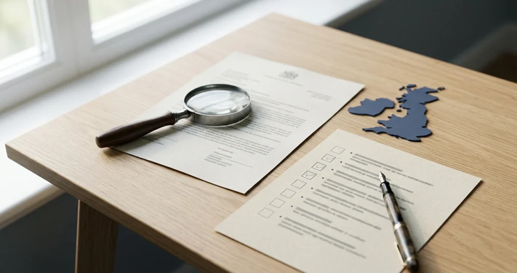 Neutral editorial illustration of a casino trust check with a document, magnifying glass and UK context without brand or regulator logos